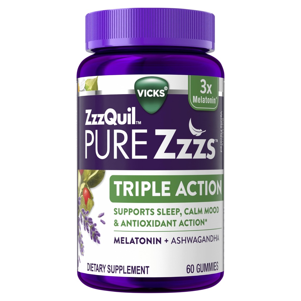 ZzzQuil PURE Zzzs Triple Action, Melatonin Gummies, Melatonin 6 mg, 3X Melatonin, Ashwagandha ile Uyku Yardımı, Calm Mood, Antioxy Action, Sleep Aids for Yetişkinler, 60 Sleep Gummies