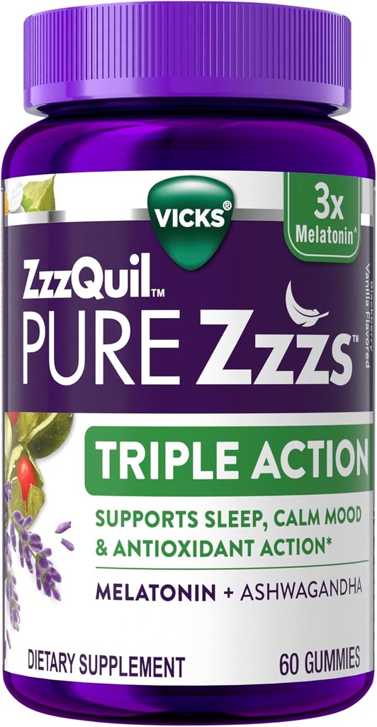 ZzzQuil PURE Zzzs Triple Action, Melatonin Gummies, Melatonin 6 mg, 3X Melatonin, Ashwagandha ile Uyku Yardımı, Calm Mood, Antioxy Action, Sleep Aids for Yetişkinler, 60 Sleep Gummies