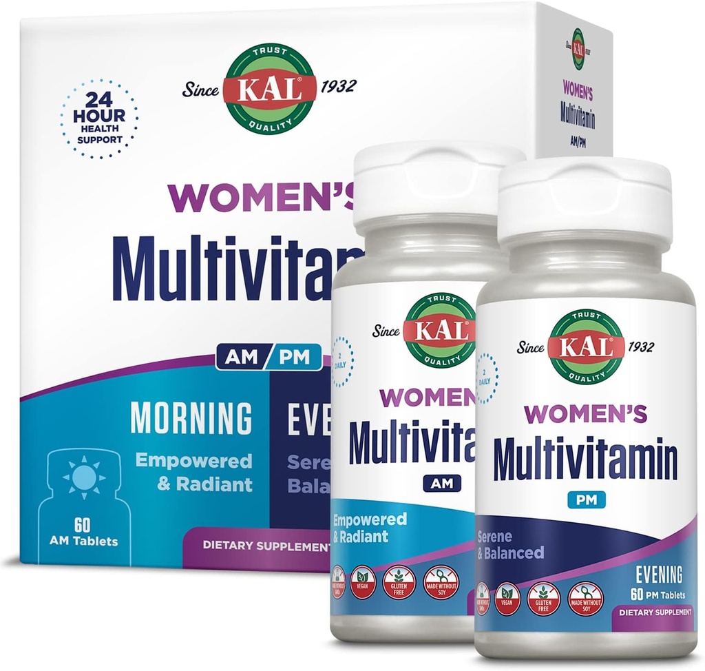 KAL Women's Multivitamin AM/PM, 2in-1 Multivitamins for Women with Ashwagandha, Silica, Organic Spirulina ve GABA for Cellular Energy, Bone Strength, Immune Support, Vegan, 30 Hizmet, 120 Tablet