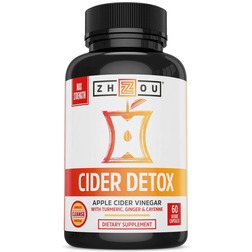 Zhou Cider Detox - Apple Cider Vinegar Capsules with Mother, Raw Natural ACV Pills for Women & Men, Herbal Kompleks Supplement with Turmeric & Cayenne Pepper - 60 Vegan Capsules