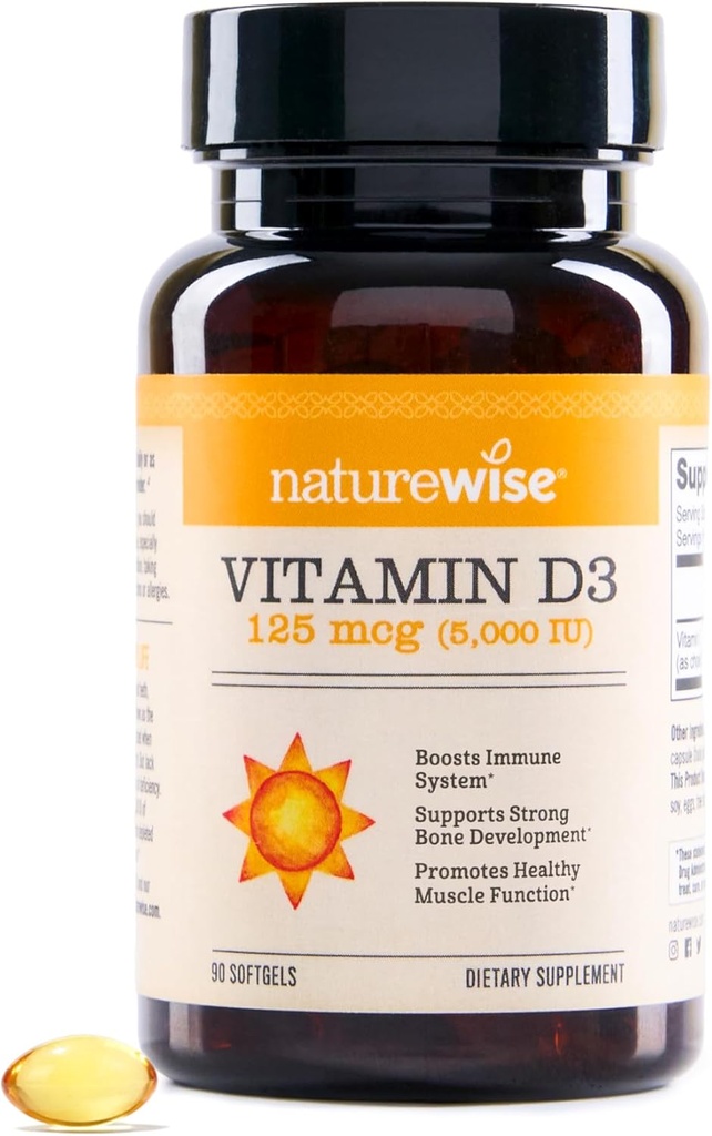 NatureWise Vitamin D3 5000iu (125 mcg) Προσφορά 90 ημερών για την υποστήριξη του ανοσοποιητικού, την υγιή λειτουργία των μυών, και την υγεία των οστών - Μη ΓΤΟ, Γλουτένη-ελεύθερο σε οργανικό επιπλέον παρθένο ελαιόλαδο, (Mini Softgel), 90 κόμης