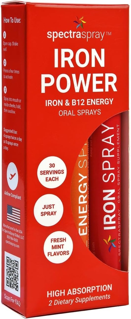 SpectraSpray Iron & B12 Vitamin Liquid Oral Spray Kit - Κρέας τροφίμων Iron ως Essential Daily Mineral και B12. Vegan, χωρίς γλουτένη & Εξαιρετικά αποτελεσματική, 30 ημέρες προσφοράς ανά σπρέι