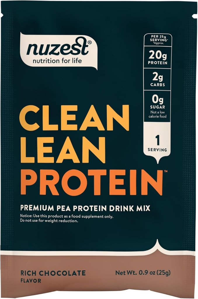 Nuzest - Pea Protein Powder - Clean Lean Protein, Premium Vegan Plant Based Protein Powder, Dairy Free, Gluten Free, GMO Free, Naturally Sweetened Protein Shake, Rich Chocolate, 1 Serving, 0.9 oz