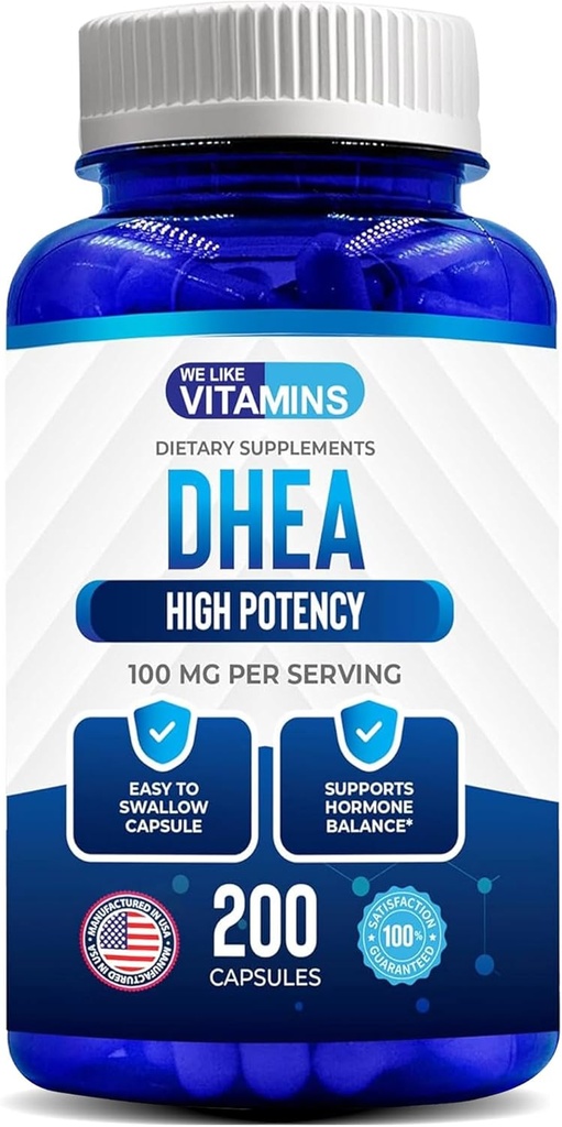 DHEA 100 mg 200 Capsules - 200 Günlük DHEA Capsules - Erkekler ve Kadınlar için Hormon Dengesi ve Enerji Seviyeleri Yardım
