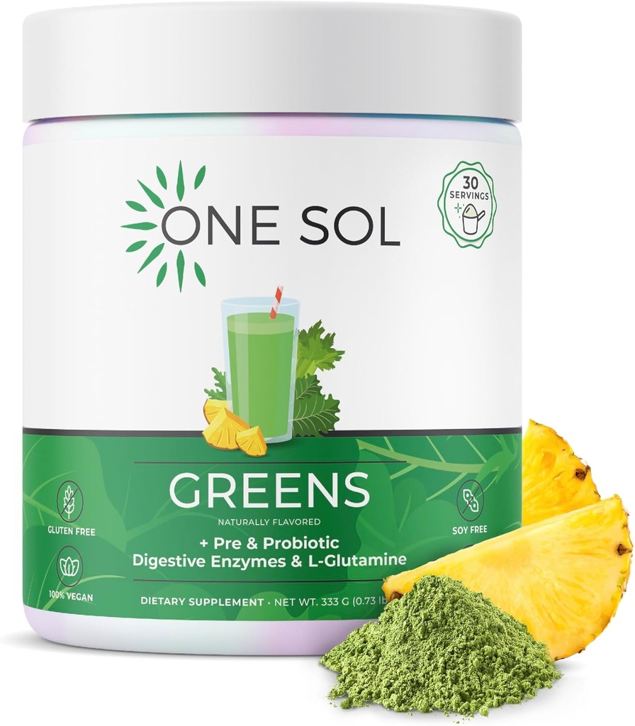 One Sol Greens, Super Greens Toz Bloating & improve Gut Health, Superfood Fresh Bloom Organic Greens Mix Juice & Smoothie Mix, Pre & Probiyotik with Digestive Enzymes, Vegan & Soy Free