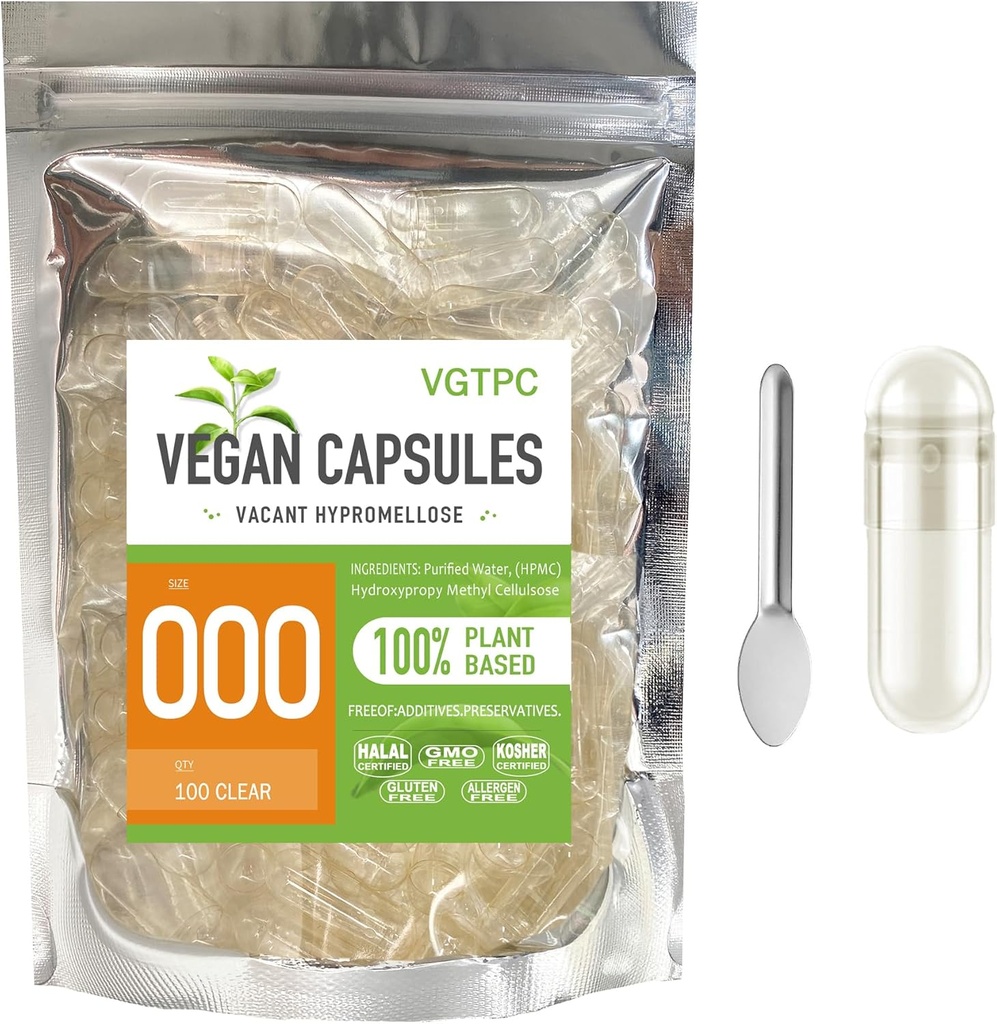 Boyut 000 Boş Vejetaryen Capsules, (100 Count) Vegan Clear Fillable Veggie Pill Capsules for DIY Supplement