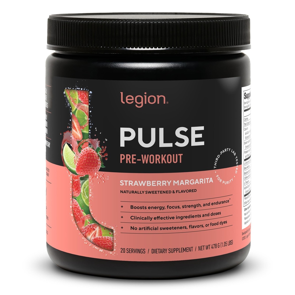 LEGION Pulse Pre Workout - All Natural Nitrik Oksit Preworkout Drink to Boost Energy, Kretine Free, Natural Sweetized, Beta Alanine, Citrulline, Alpha GPC (Strawberry Margarita)
