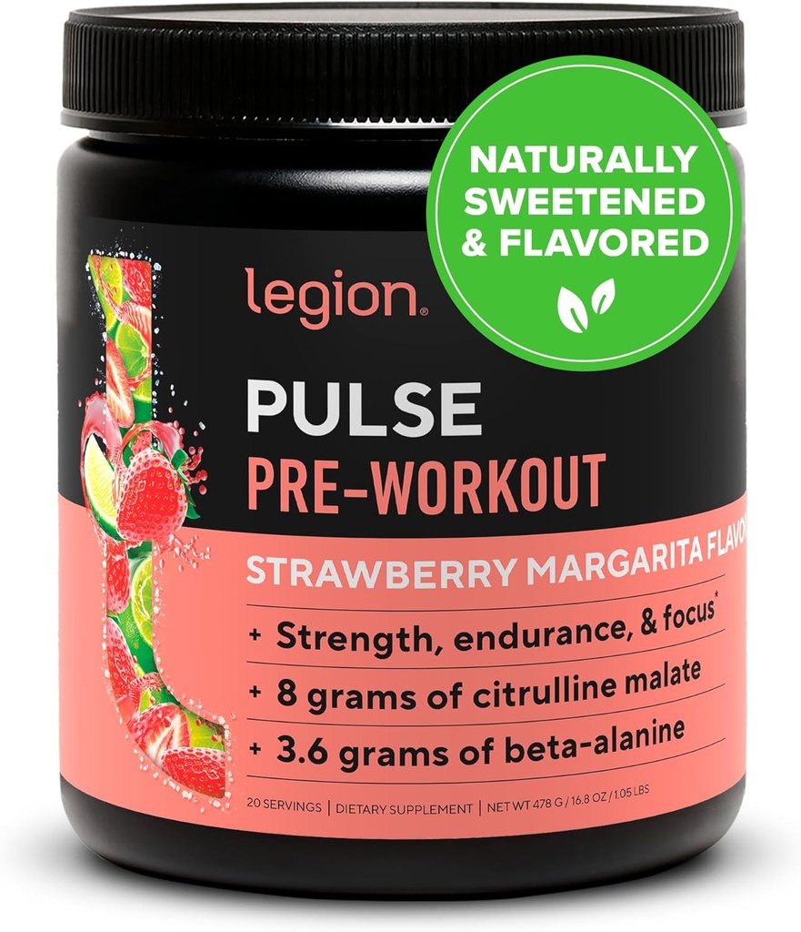 LEGION Pulse Pre Workout - All Natural Nitrik Oksit Preworkout Drink to Boost Energy, Kretine Free, Natural Sweetized, Beta Alanine, Citrulline, Alpha GPC (Strawberry Margarita)