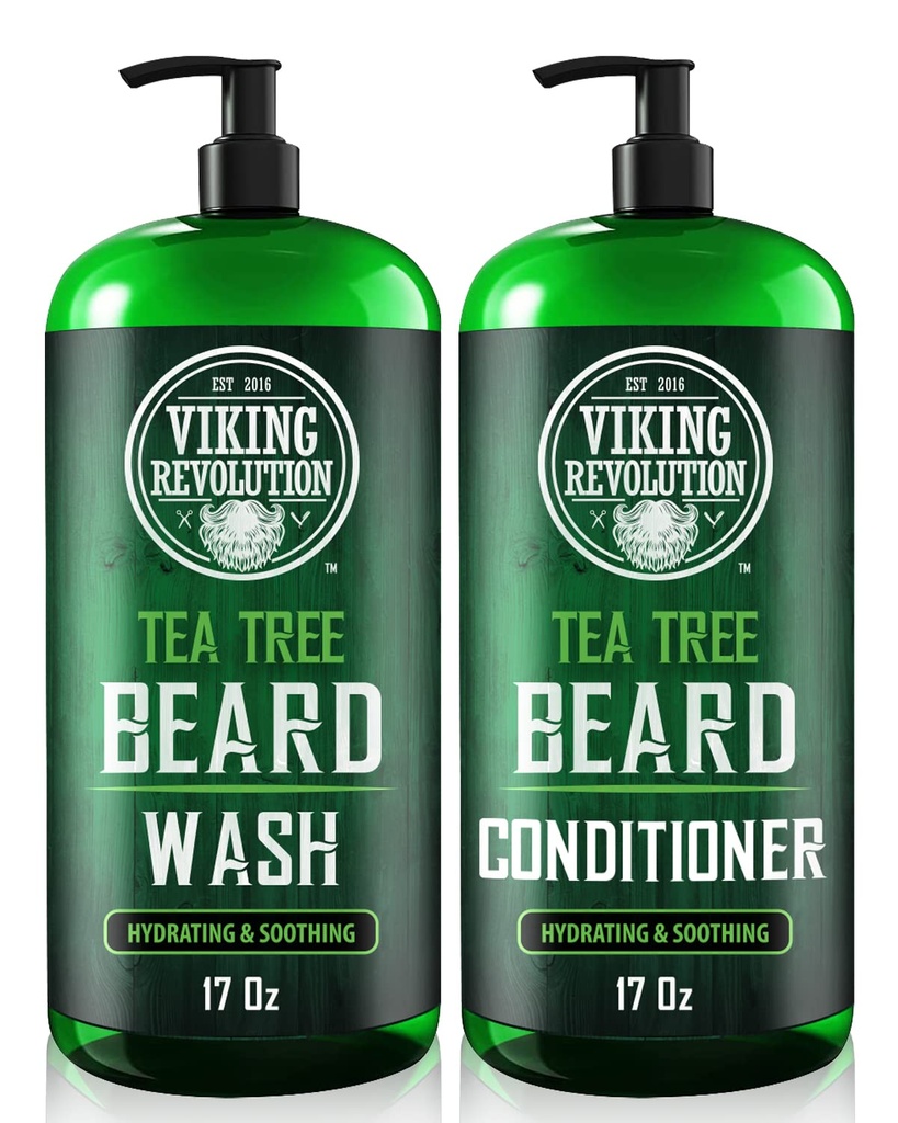 Viking Revolution Tea Tree Oil Beard Wash and Beard Conditioner Για Άνδρες - Φυσικό μαλακτικό γεννητό σετ με λάδι Argan, βιταμίνη Ε και Ginseng - Σαμπουάν και σετ Conditioner (17 Oz)