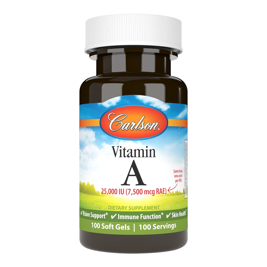 Carlson - Βιταμίνη Α, 25000 IU (7500 mcg RAE), Όραμα & Δέρμα Υγεία, Ανοσολογική λειτουργία, 100 μαλακά τζελ