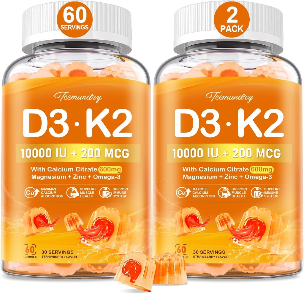 D3 K2 5000IU / 10000 IU Gummies for Yetişkinler - K2 D3 Vitamin Supplement with 600 mguba, K2 (MK-7) 20006, Magnezyum, çinko, Omega-3 - Supportsuba Aborpsiyon ve Immune Health