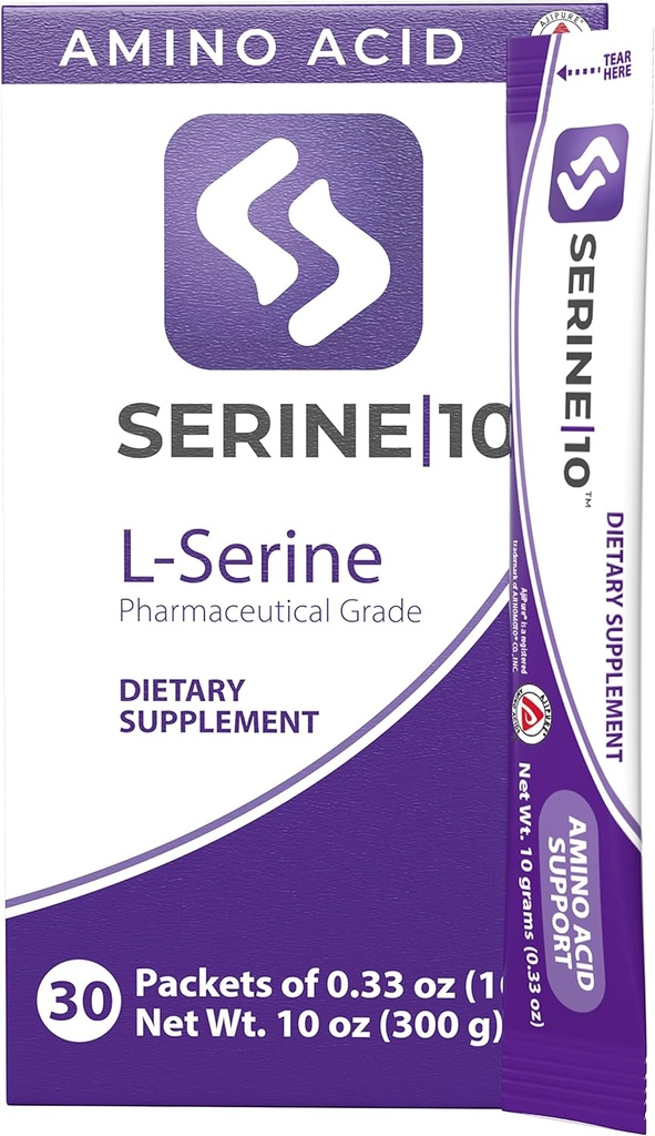 SERINE10 L-Serine Nootropics Packets - Υποστήριξη Εγκεφαλική Υγεία, Μνήμη, Εστίαση, & Παραγωγή Σεροτονίνης, L-Tryptophan, & L-Cystine - 30 Προμετρημένα πακέτα σκόνης με 10 γραμμάρια (30000 mg)