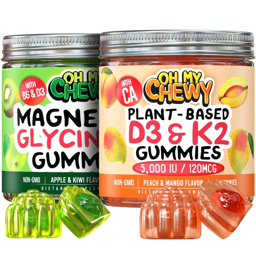Μαγνήσιο + D3K2 Gummies Bundle – 2 μπουκάλια (60 έκαστο) – Μήλο Kiwi & Ροδάκινο Mango