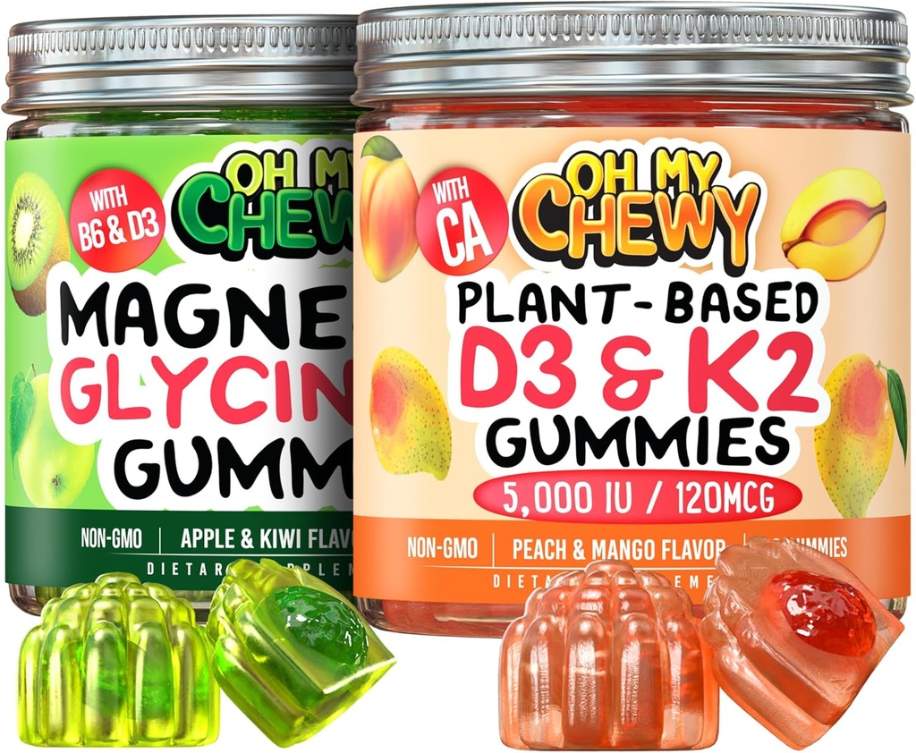 Magnezyum + D3K2 Gummies Sche – 2 Şişe (60 Her) – Apple Kiwi & Peach Mango