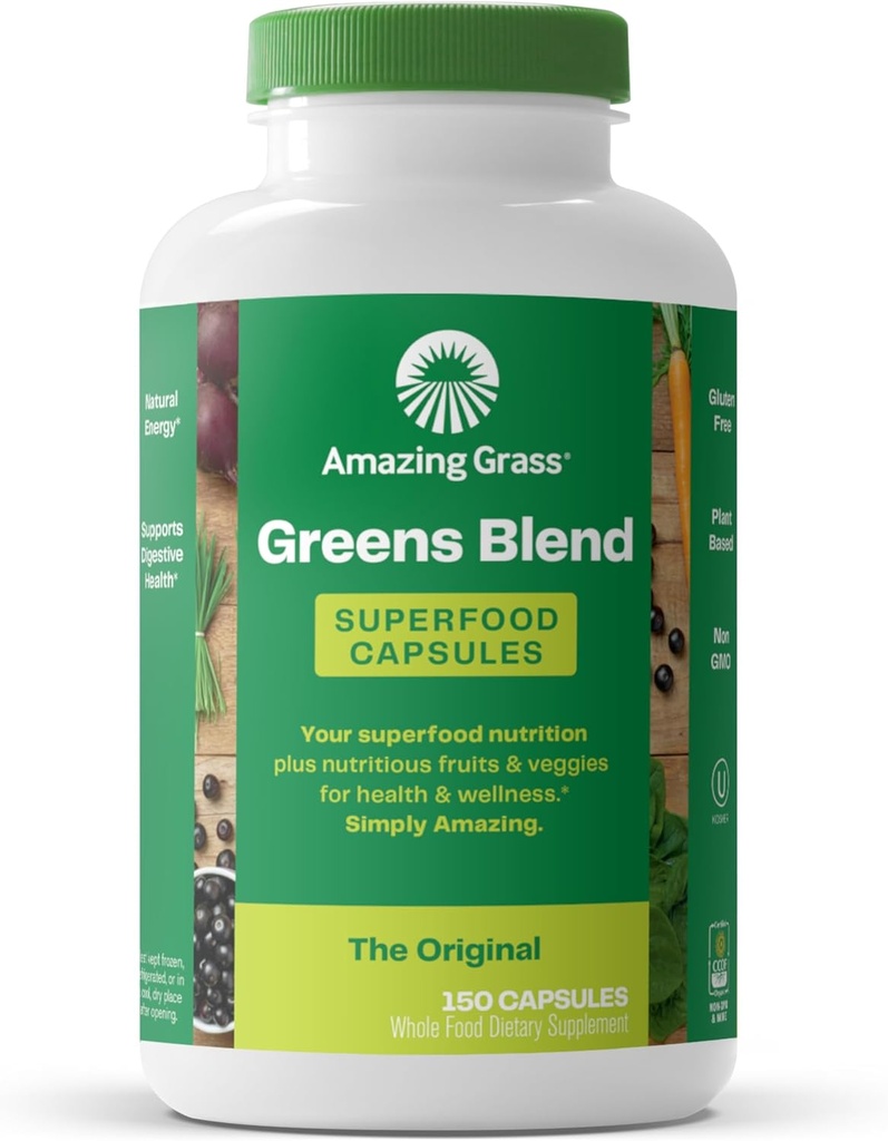 Amazing Grass Greens Mix Superfood Capsules: Super Greens with Organic Spirulina, Chlorella, Beet Root Toz, Digestive Enzymes & Probiyotiks, 150 Capsules (Pazar Mayıs Vary)