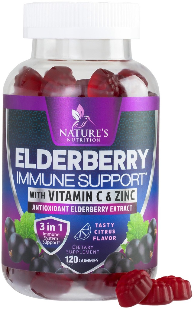 Immune Support Gummies with Elderberry Extract - Sambucus Elderberry Gummy with çinko & Vitamin C, Natural Vegan Immune Support Supplement for Yetişkinler & Kids, Gummy Elder Vitamins - 120 Gummies