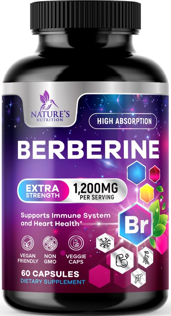 Berberine HCL 1200 mg Supplement - Berberine HCI Capsules Yüksek Abhidrasyon Kalp Sağlığı ve Immune Desteği, Yüksek Kuvvet, Gluten-Free, Vegan, Non-GMO Pills - 60 Veggie Capsules