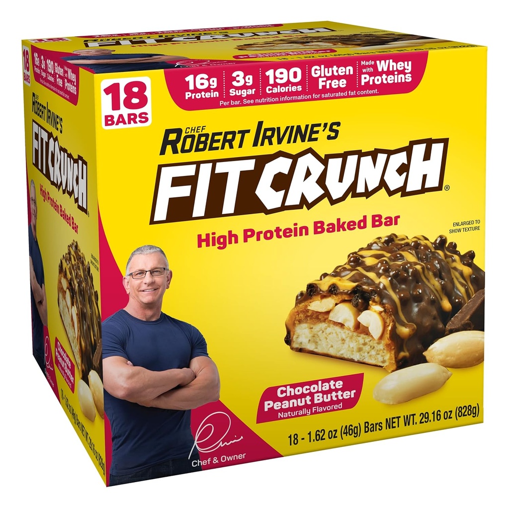 FITCRUNCH Snack Boyut Protein Barlar, 6Layer Baked Bar, Sugar & Soft Cake Core (18 Bars, Peanut Butter)