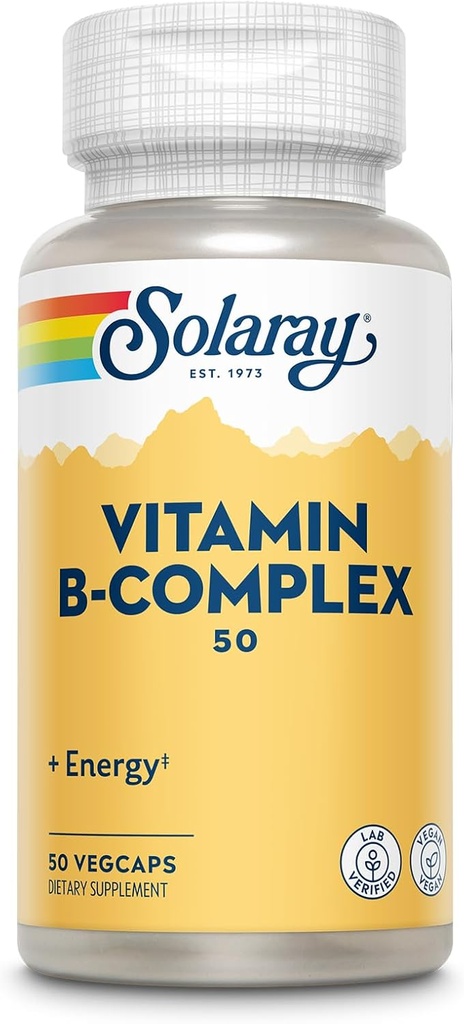 SOLARAY Vitamin B Complex 50 mg - Κυτταρική ενέργεια Βιταμίνες - Μεταβολισμός και Νευρική Υγεία Υποστήριξη με Βιταμίνη Β12, Βιταμίνη Β1, Β6, Νιασίνη, Φολικό οξύ, Βιοτίνη και άλλες Βιταμίνες Β - Vegan, 50 VegCaps