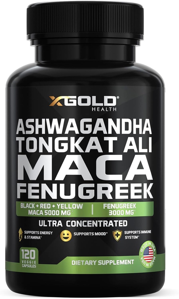 Ashwagandha 5000 mg + Tongkat Ali 1000mg + Maca Root 5000 mg + Fenugreek 3000 mg Supplement | Black + Red + Sarı Maca Root & Fenugreek Herbal Supplements for Men & Women - Made in USA