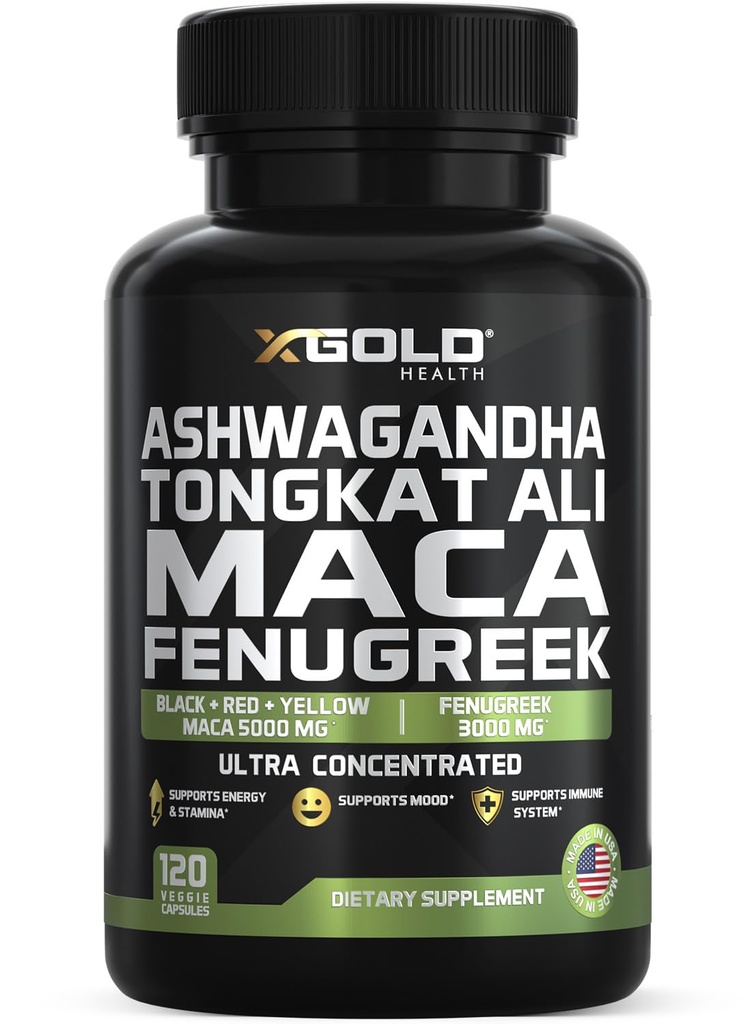 Ashwagandha 5000 mg + Tongkat Ali 1000mg + Maca Root 5000 mg + Fenugreek 3000 mg Supplement | Black + Red + Sarı Maca Root & Fenugreek Herbal Supplements for Men & Women - Made in USA
