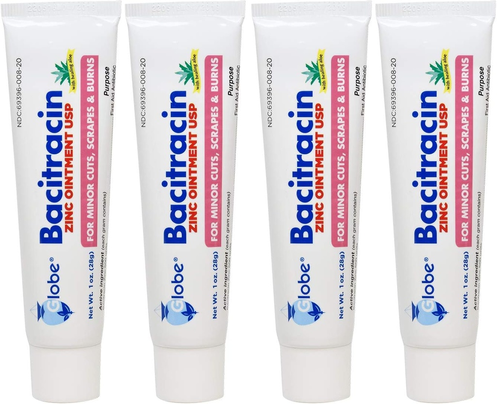 (4 Pack) Globe Bacitracin çinko Ointment + Aloe 1oz, Antibiyotik Ointment, Essential Antibiyotik İlk Yardım Tankları, İyileştirme Eylemi, En Antibiyotik Güç, Enfeksiyonları kesintiye uğratmak, Burns