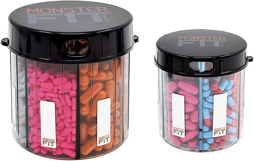 Monster & Monster Jr Συμπλήρωμα φαρμακευτικής διανομής χάπια 2 Συσκευασία με ετικέτες, Extra Large and Small Pill μπουκάλια εμπορευματοκιβωτίων Χειρίζονται σχεδόν οποιοδήποτε συμπλήρωμα, εύκολο στην καταδύσεις (τέρας & τέρας Jr.)