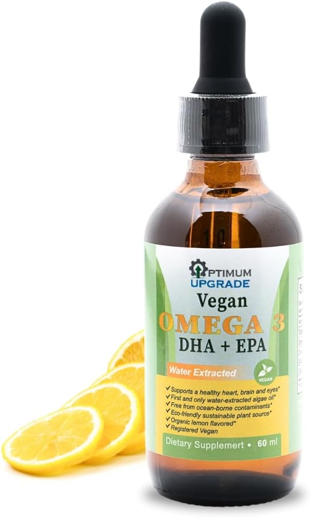 OU Vegan Omega 3 Drops - Lemon Flavored, Organik Su-Extracted Algae Oil with EPA, DHA & DPA - Non-GMO, Plant-Based Liquid Vitamin for Heart, Brain & Common Health - 60 Dos