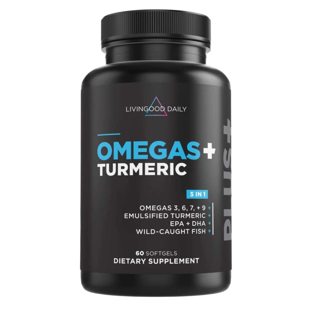 Livingood Daily Triple Omega 3 6 9 Supplement Plus Turmeric Curcumin, DHA & EPA, Fish Oil Supplements for Brain & Heart Health and Joint Support, Advanced Abors, Gluten Free, Non GMO, 60 Softgels