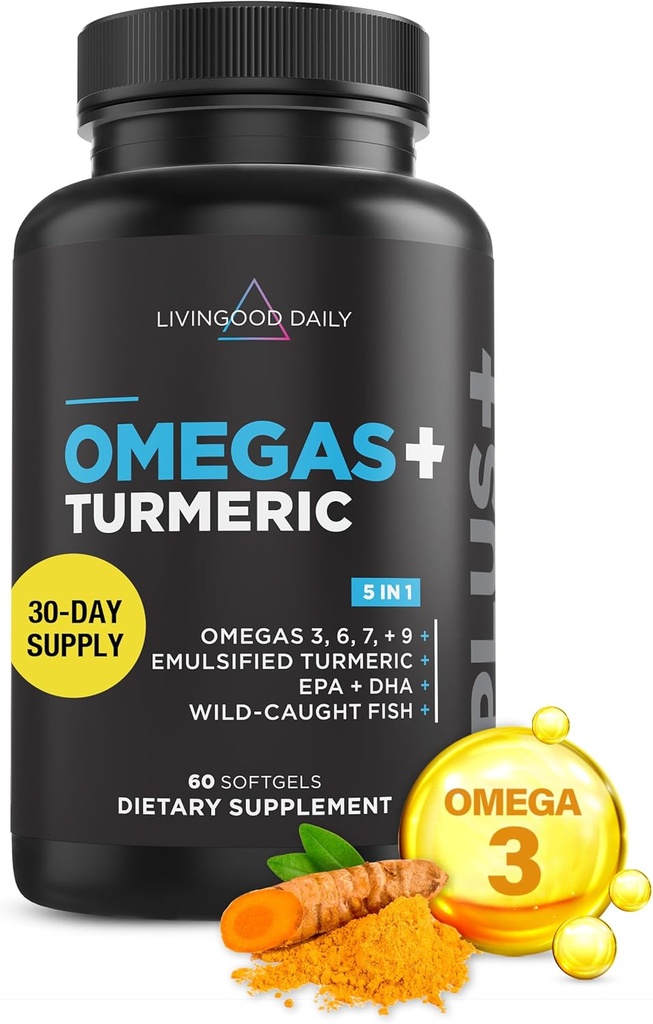 Livingood Daily Triple Omega 3 6 9 Supplement Plus Turmeric Curcumin, DHA & EPA, Fish Oil Supplements for Brain & Heart Health and Joint Support, Advanced Abors, Gluten Free, Non GMO, 60 Softgels