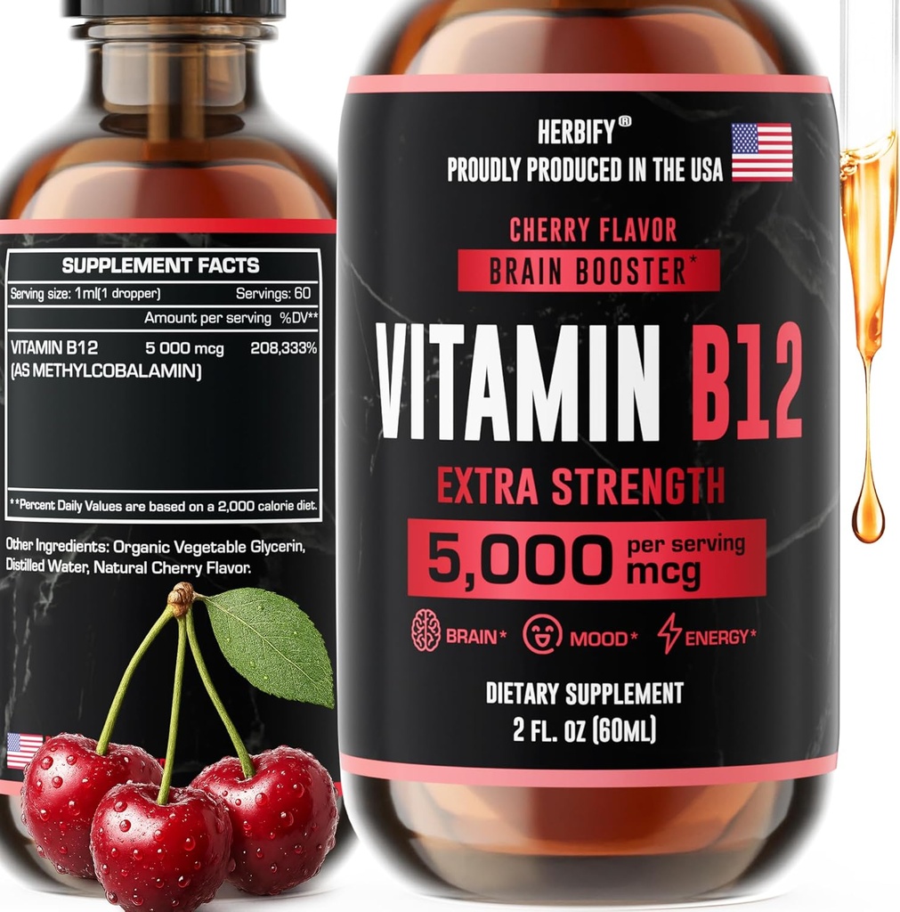 HERBIFY Vitamini Kadınlar ve Erkekler için Çokvitamin Enerji Supplementleri - Sıvı B12 5000 Mcg Mecobalamin - Enerji Desteği ve Immune Health Liquid Vitamin 2 Oz