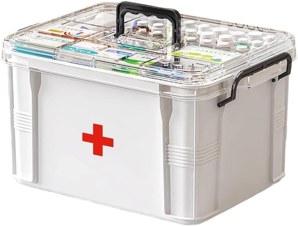 Medicine Storage Box, Pill Bottle Organizer, Double Compartment, Transparent, Large Capacity, White