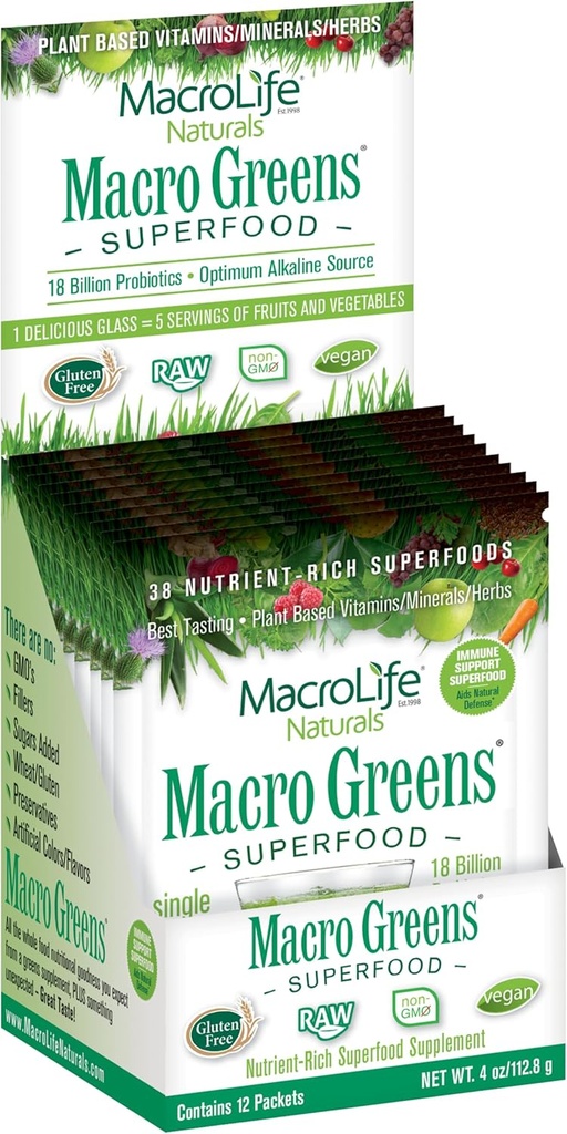 MacroLife Naturals Macro Greens Toz 38 Superfood Probiyotik Antioksi Enzyme & Herbal Supplement Immunity Energy Cleanse - Non-GMO Vegan Gluten-Free Dairy-Free (12 hizmet)