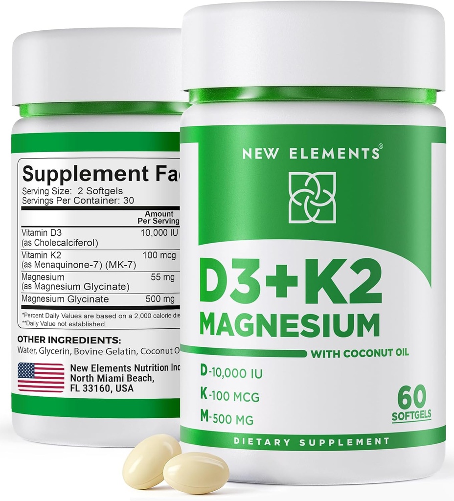 Yeni Elements D3 K2 10.000 IU ile Magnezyum Glycinate 500 mg - Bone Health, Immune Support, Energy & Mood - Non-GMO, Gluten-Free, Sugar-Free Softgels for Women & Men (60 softgels)