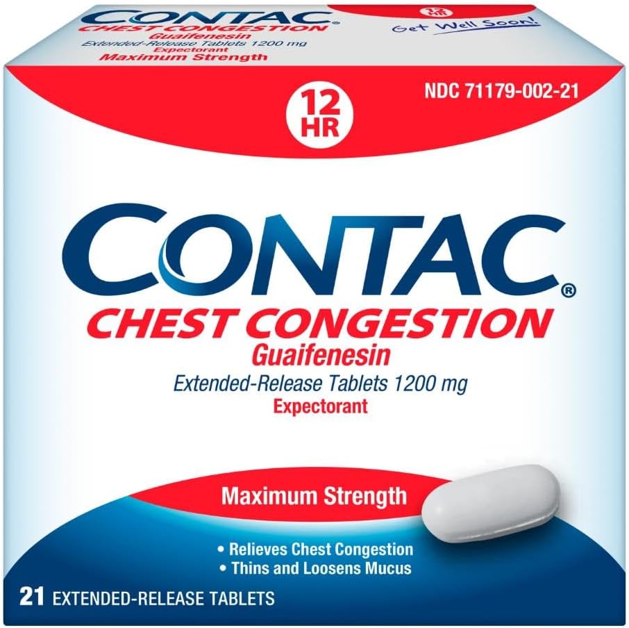 Contac Chest Congestion, maksimum Güçlü Bekleyiciler ve Loosens Mucus, Genişletilmiş Yayın Tabletleri, Guaifenesin 1200 mg, Genişletilmiş Yayın Tabletleri, 21 Kont