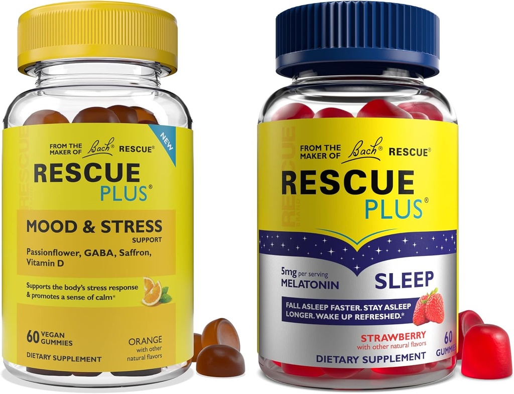 RESCUE Bach Plus Gummies ύπνου με 5mg μελατονίνης/δόσης [και] Bach Plus Mood & Stress Support Gummies with Key Nutrients and Botanicals - 2PK Διαιτητικά συμπληρώματα, 60Ct Καθένα