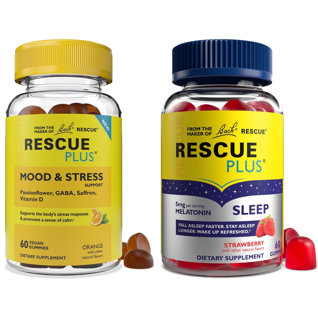 RESCUE Bach Plus Gummies ύπνου με 5mg μελατονίνης/δόσης [και] Bach Plus Mood & Stress Support Gummies with Key Nutrients and Botanicals - 2PK Διαιτητικά συμπληρώματα, 60Ct Καθένα