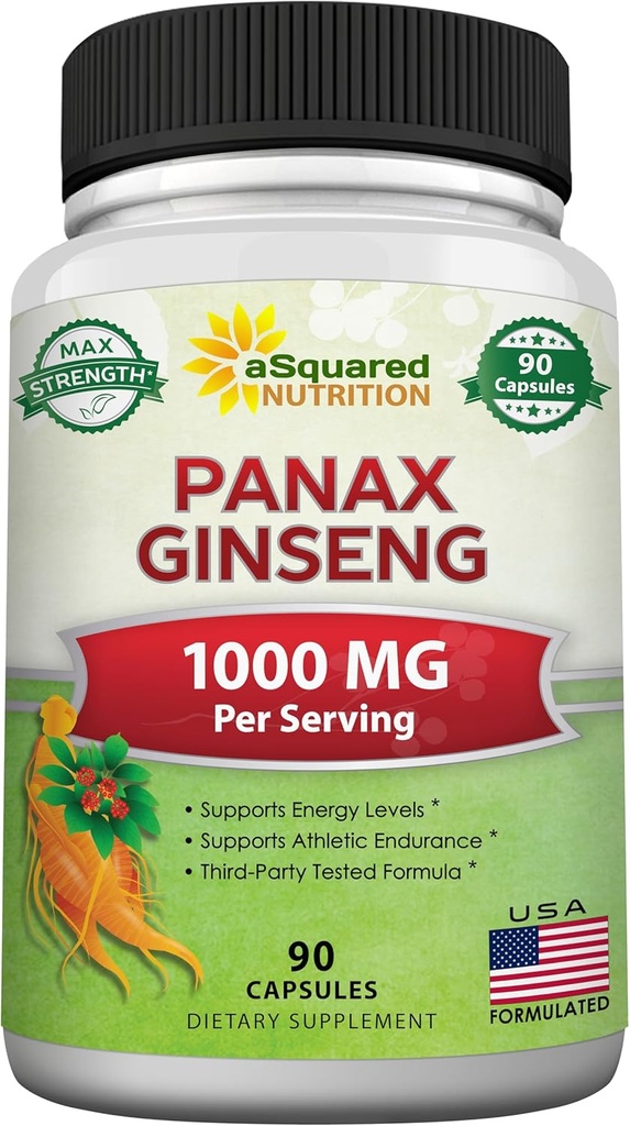 ASquared Beslenme Doğal Kore Panax BTC (1000 mg Max Strength)-90 Capsules Root Extract Kompleksi (Red & White), High Dosage Ginsenosides in Seeds, Asian Toz Supplement,Tablet Pills for Energy