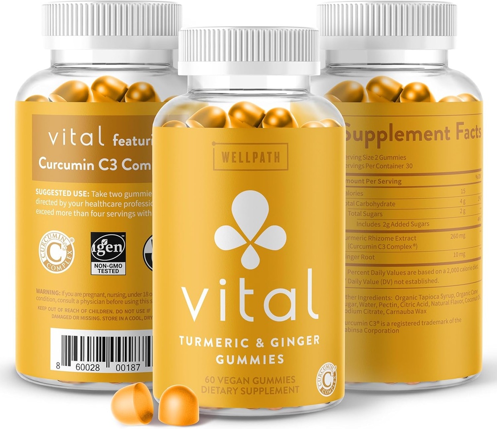 WellPath Vital Turmeric Gummies + Ginger - Ortak Destek Curcumin Tamam, Turmeric Curcumin C3 Kompleksi, Tasty Alternative to Capsules, Turmeric & Ginger Root, Tropikal Flavor Chews, Vegan, 60 Ct