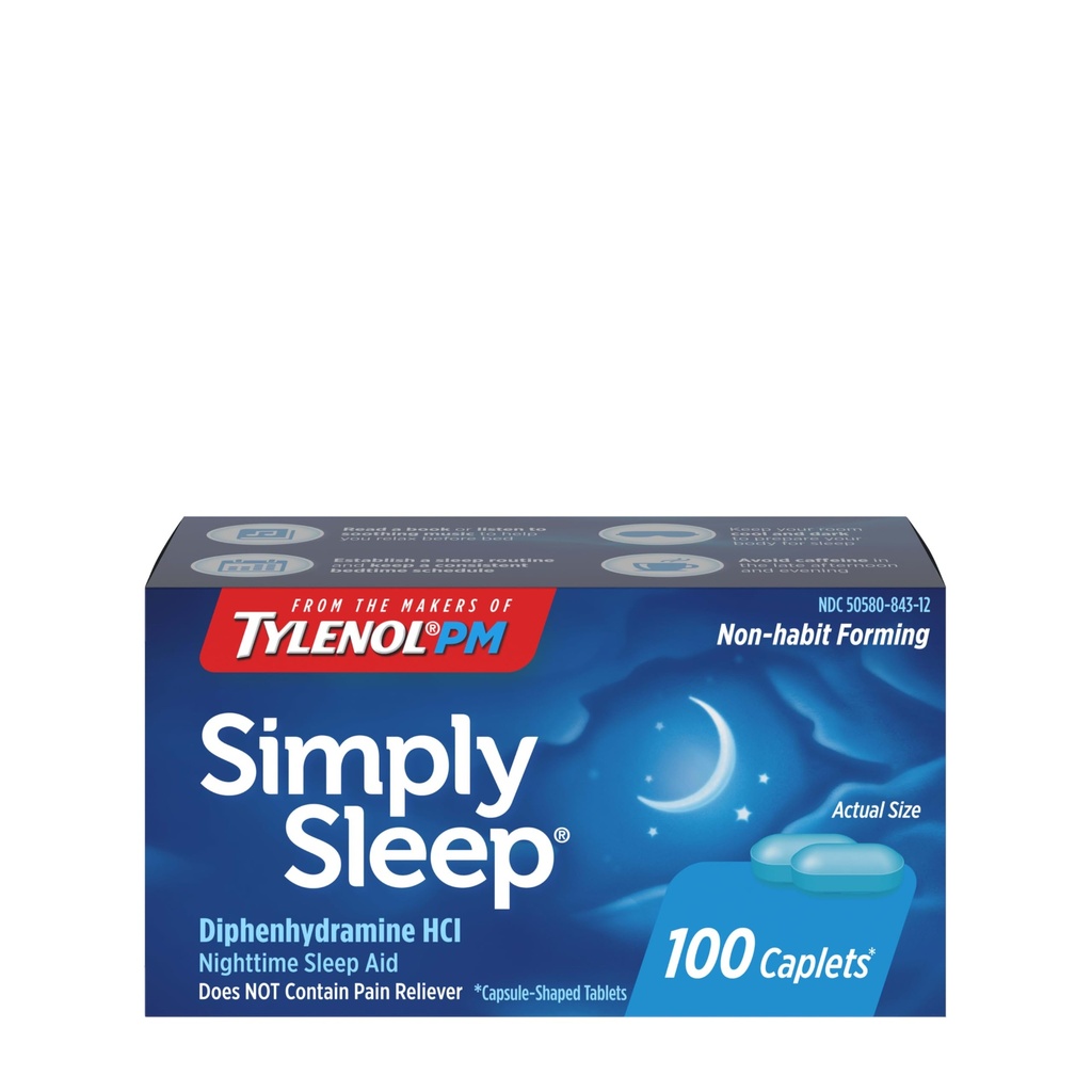 Tylenol Basitçe Sleep Nighttime Sleep Aid Caplets, 25 mg Diphenhydramine HCl, Yetişkinler için Uyku Yardımı, 100 Kont