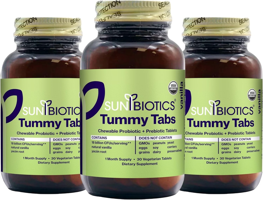 SUNBIOTICS Tummy Tabs - Chewable Probiyotik ve Prebiyotik Tabletler 4 Probiyotik Strains for Good Gut Flora, Immune System, & Balanced Microbiome - Vanilla, (Pack of 3)