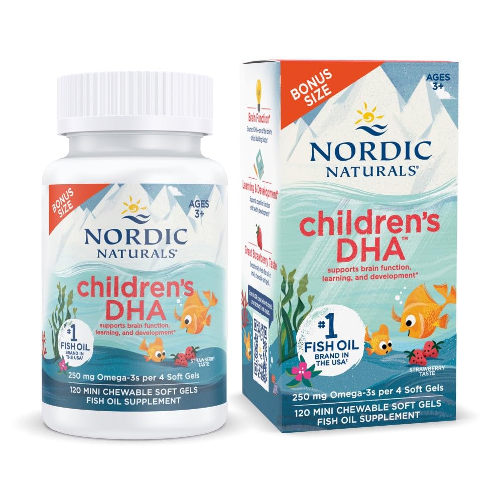 Nordic Naturals Children's DHA, Strawberry - 120 Mini Chewable Soft Gels for Kids - 250 mg Omega-3 with EPA & DHA - Brain Development & Function - Non-GMO - 30 hizmet