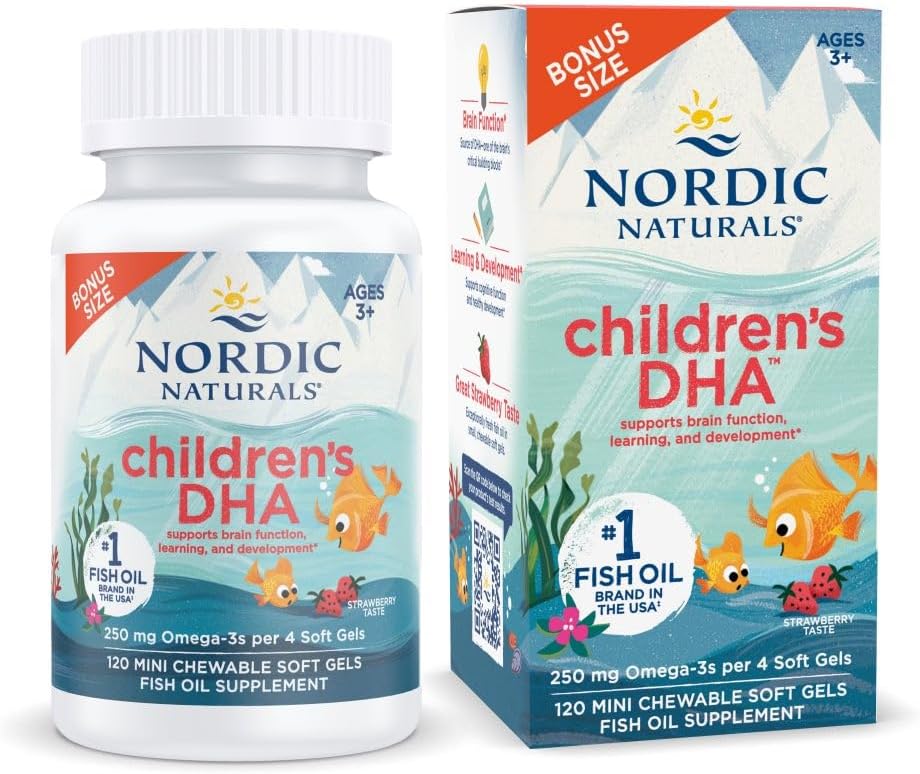 Nordic Naturals Children’s DHA, Strawberry - 120 Mini Chewable Soft Gels for Kids - 250 mg Omega-3 with EPA & DHA - Brain Development & Function - Non-GMO - 30 Servings