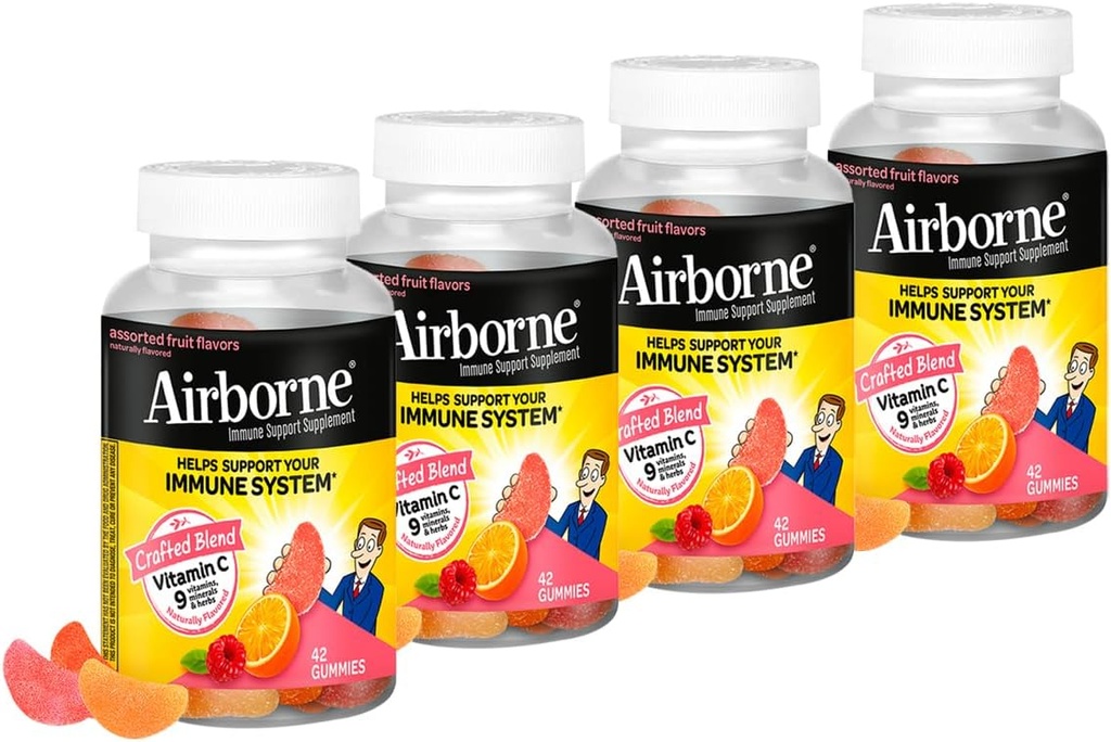Airborne 750 mg Vitamin C Immune Support Supplement Gummies for Yetişkinler, Assorted Fruit Flavor, Gluten Free Crafted Mix with Powerful Antioksis A C & E, 42 Gummies (4 Pack)