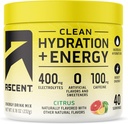 Ascent Clean Hydration + Energy Electrolytes Powder - 100mg Caffeine, 400mg Electrolytes, No Artificial Ingredients, Citrus 40 Servings