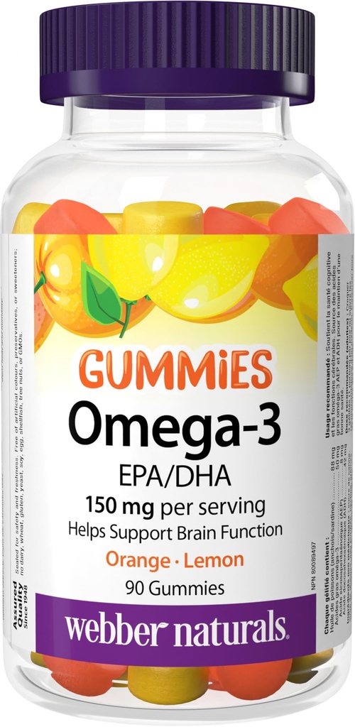 Webber Naturals Ωμέγα-3 Gummies 50 mg EPA/DHA · EPA/DHA, Πορτοκαλί · Κεράσι · Λεμόνι, 90 Gummies