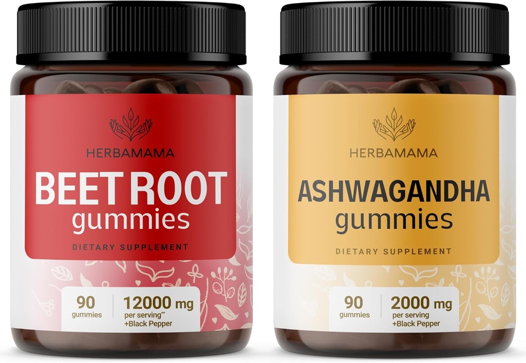HERBAMAMA Beet Root ve Ashwagandha Kit - Black Pepper & Pepper 2000 mg Ashwagandha Root Gummies - Vegan, Gelatin-Free, Non-GMOMO
