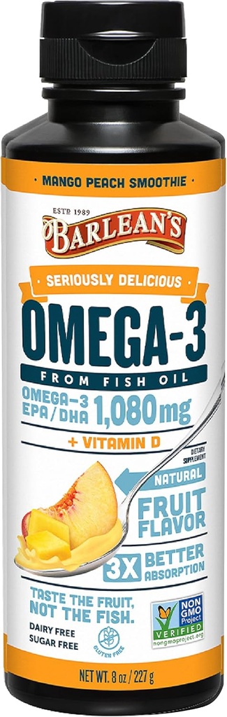 Barlean'ın Omega 3 Balık Yağı Sıvı Supplement, Erkekler ve Kadınlar için D vitamini, Mango Peach, 1080 mg EPA ve DHA Fatty Asit, 8 ozz