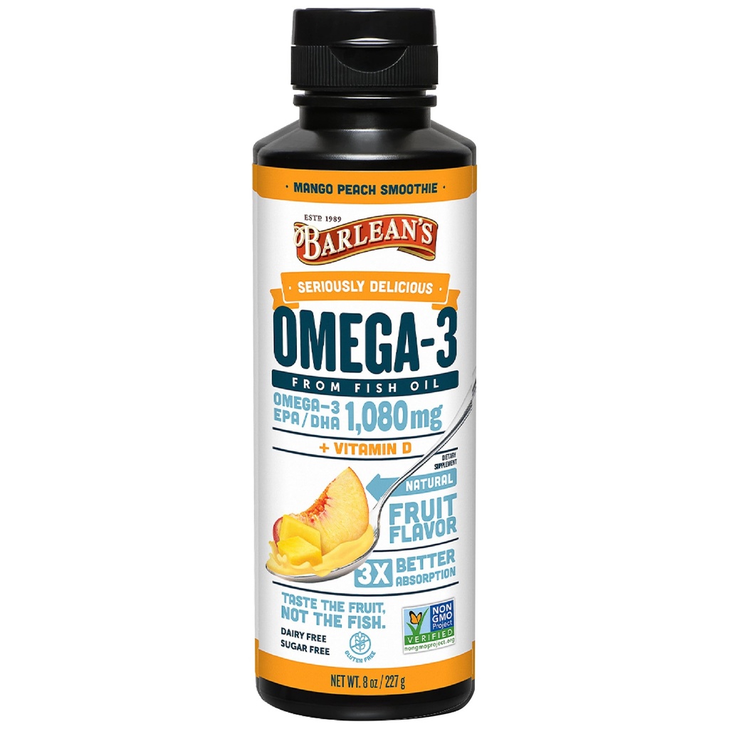 Barlean's Omega 3 Fish Oil Liquid Supplement with Vitamin D for Men and Women, 1080mg of EPA and DHA Fatty Acid, Promotes Brain & Heart Health - Non-GMO, Mango Peach, 8 oz