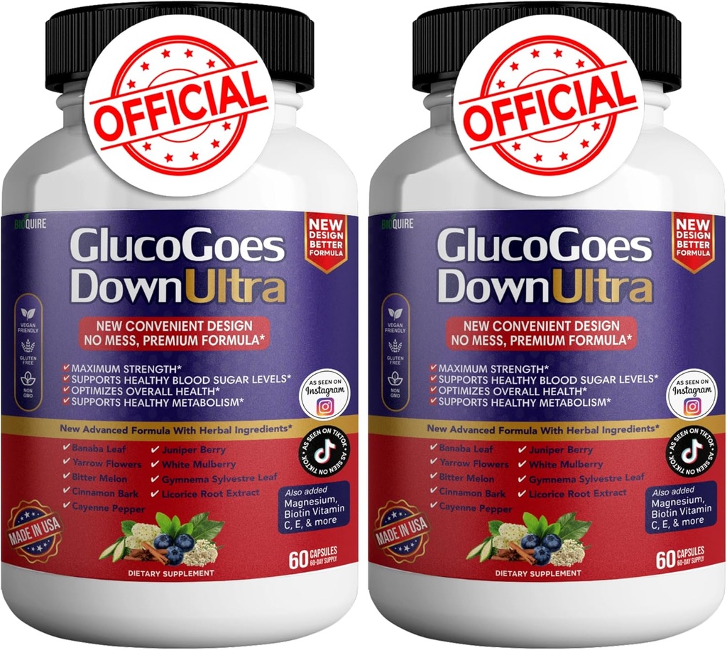 GlucoGoes Down Ultra Dietary Supplement, 120 Capsules, Maximum Strength, Supports Healthy Blood Sugar Levels, Optimizes Overall Health - Pack of 2